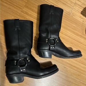 Frye Black Leather Harness Moto Boots